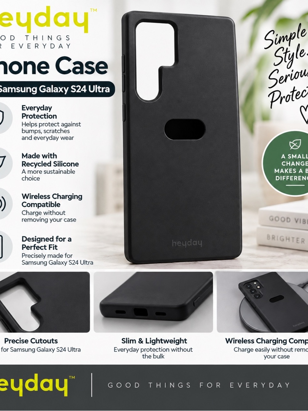 heyday Black Silicone Slim Case for Samsung Galaxy S24 Ultra